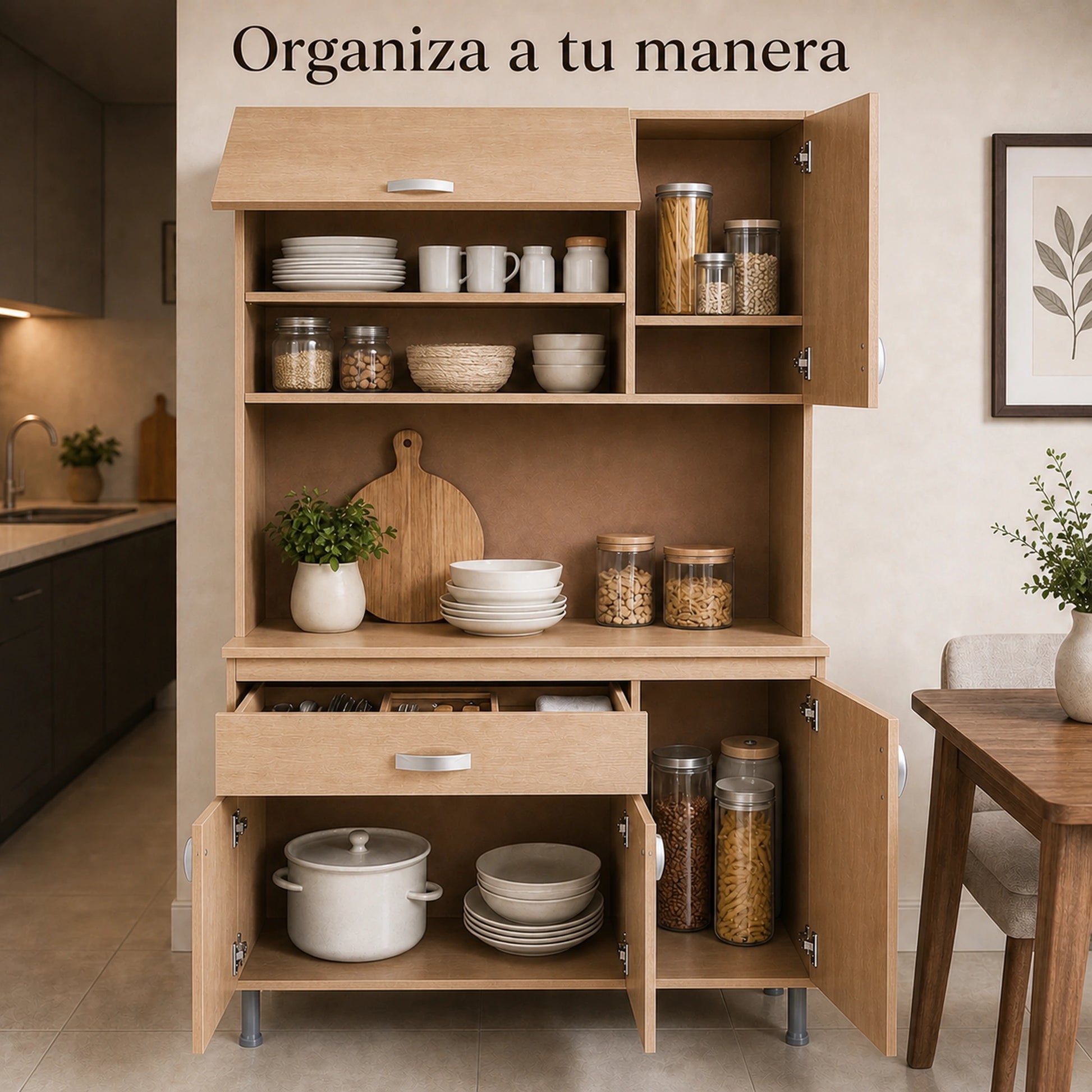 Interior organizado del gabinete de cocina grande en Madera Beige