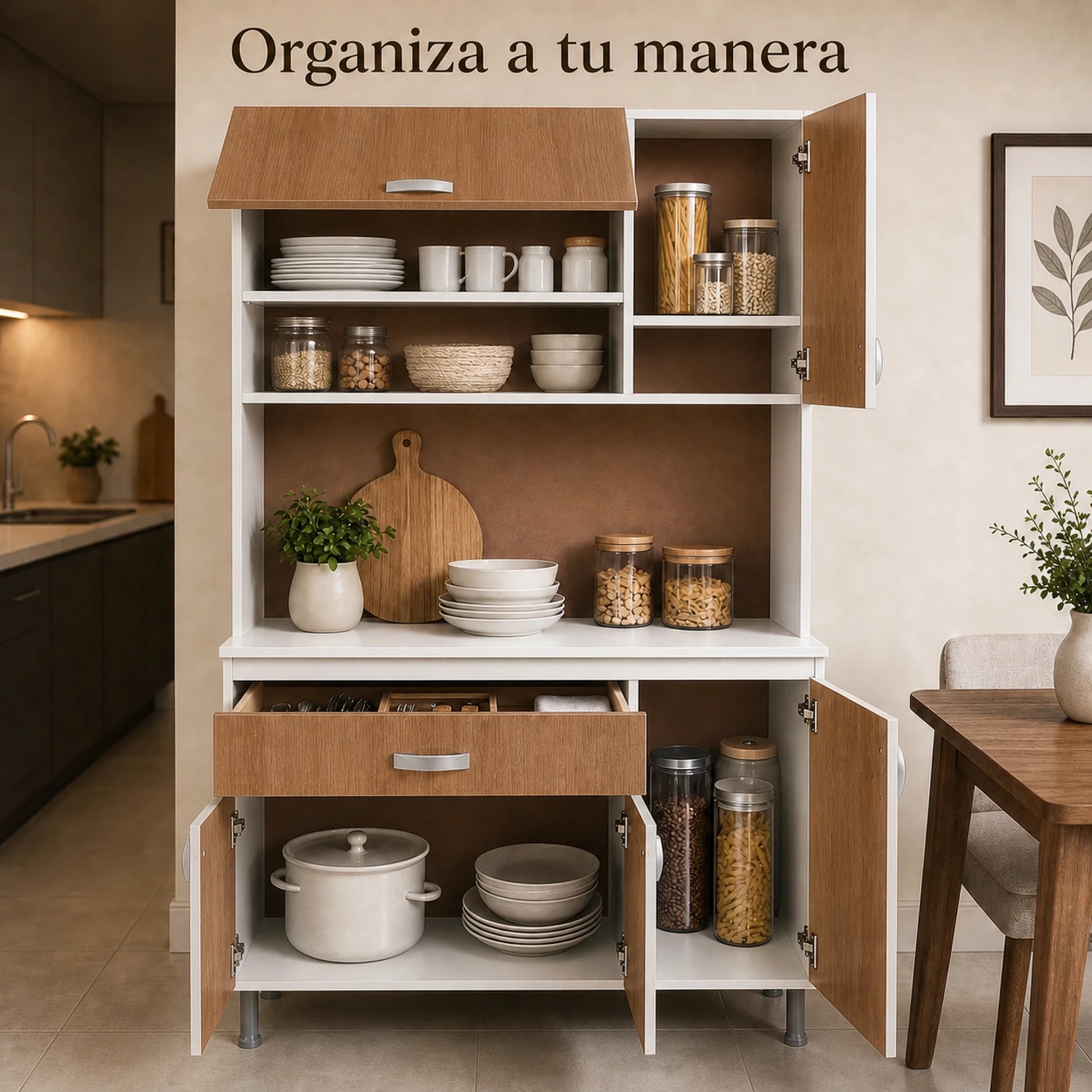 Interior organizado del gabinete de cocina grande en Blanco y Madera