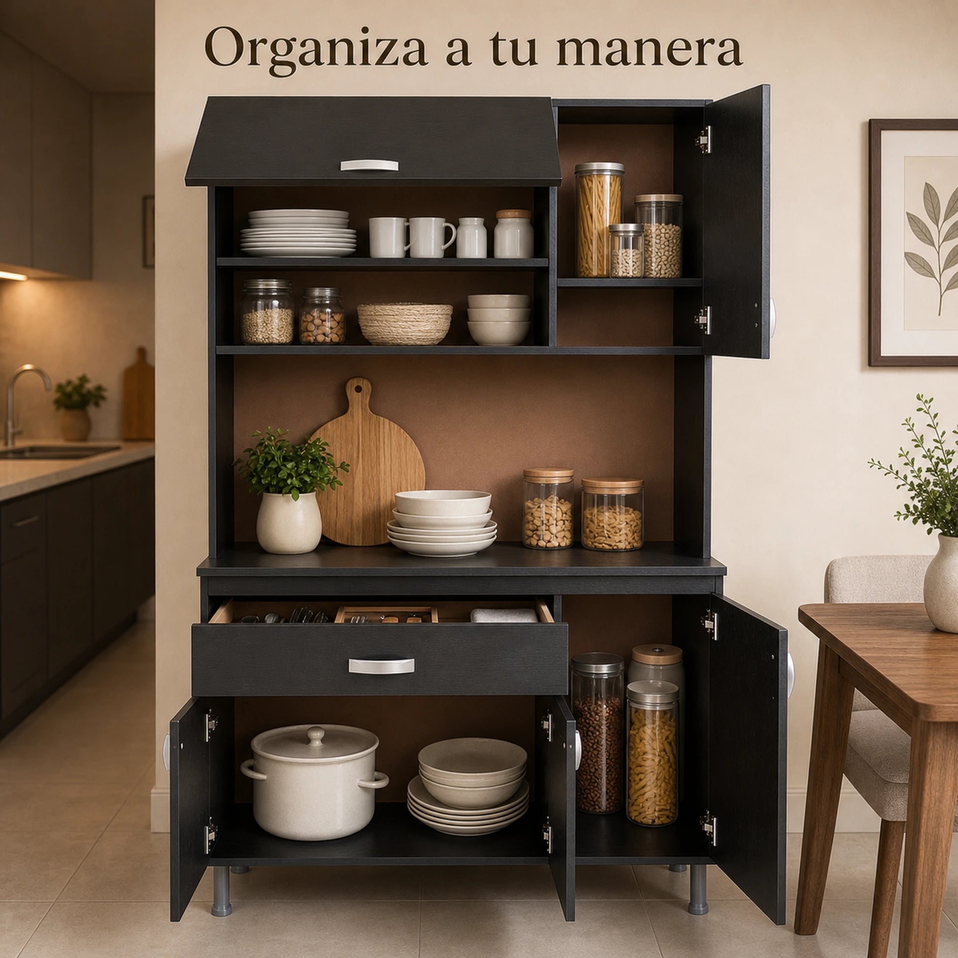 Interior organizado del gabinete de cocina grande en negro