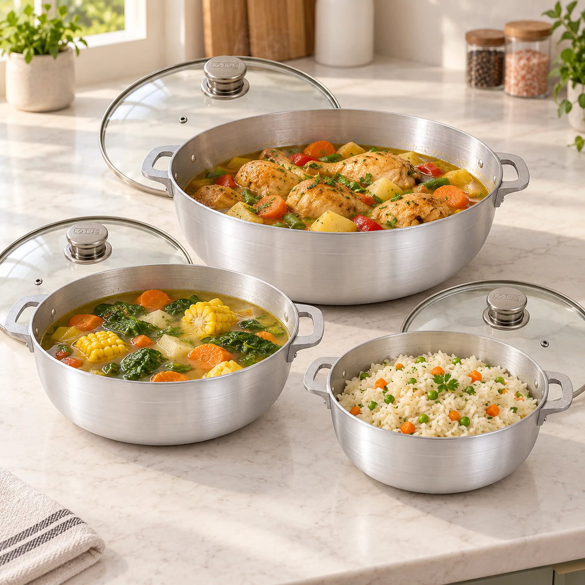 Calderos de aluminio Lotus con pollo guisado, sopa de verduras y arroz