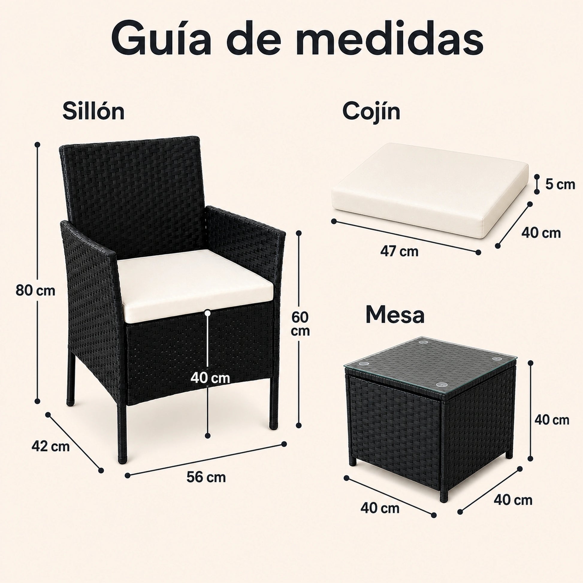 Guía de medidas del juego de terraza: sillón, cojín y mesa