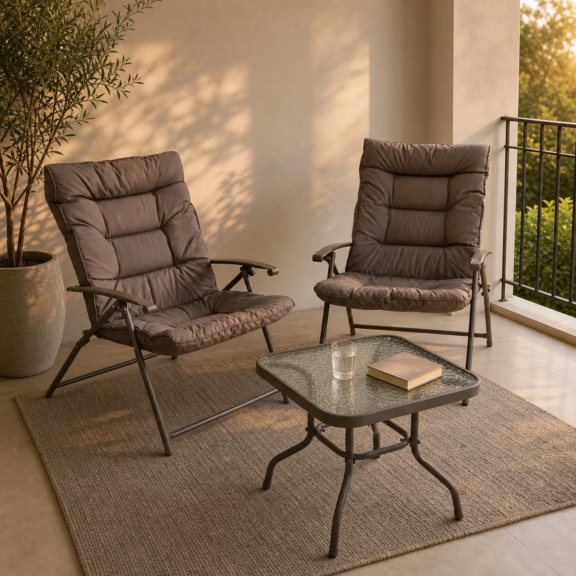 Juego de terraza reclinable Taupe ambientado en un balcón
