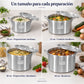 Usos de cada olla Alinter: 30 cm preparaciones medianas, 34 cm comidas familiares, 38 cm preparaciones abundantes y 40 cm reuniones