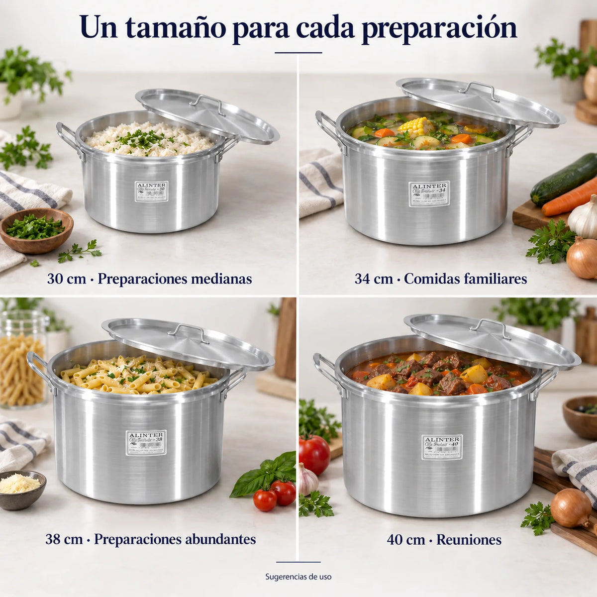 Usos de cada olla Alinter: 30 cm preparaciones medianas, 34 cm comidas familiares, 38 cm preparaciones abundantes y 40 cm reuniones