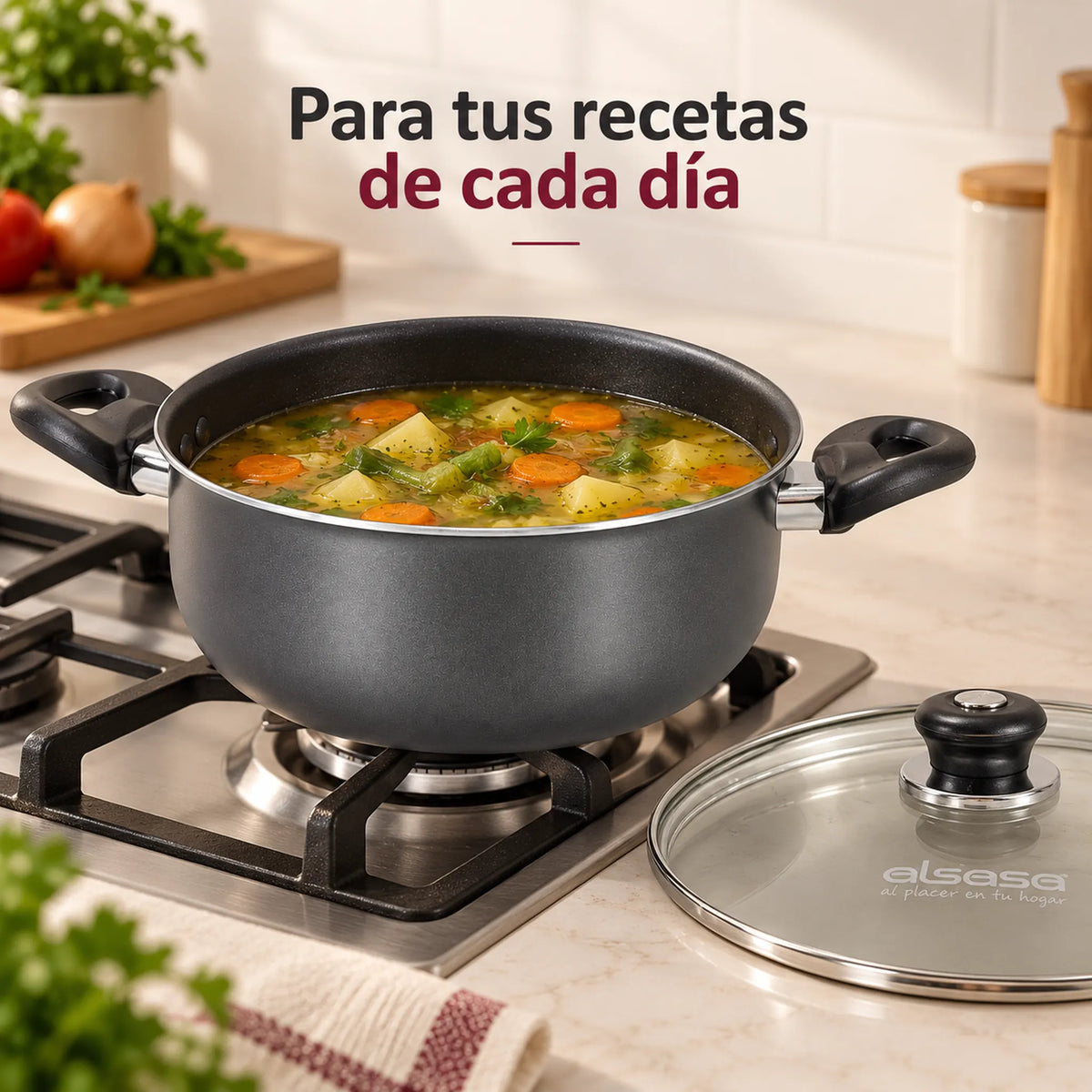 Olla antiadherente Alsasa con sopa de verduras sobre la estufa