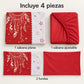 Juego de sábanas 4 piezas estampado rojo con atrapasueños y estrellas – piezas incluidas: sábana plana, sábana ajustable y 2 fundas