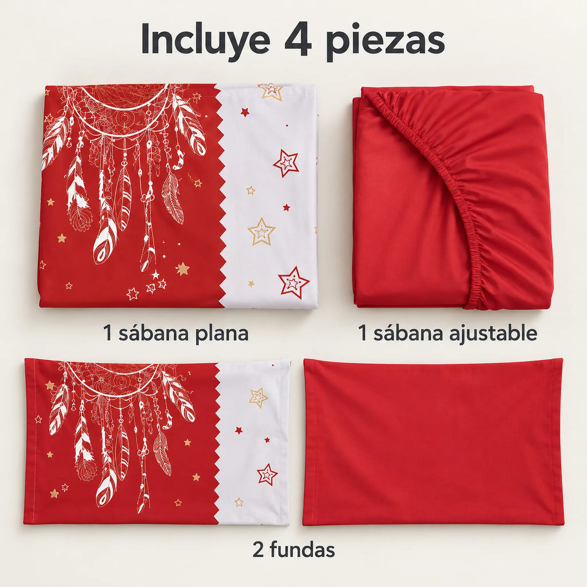 Juego de sábanas 4 piezas estampado rojo con atrapasueños y estrellas – piezas incluidas: sábana plana, sábana ajustable y 2 fundas