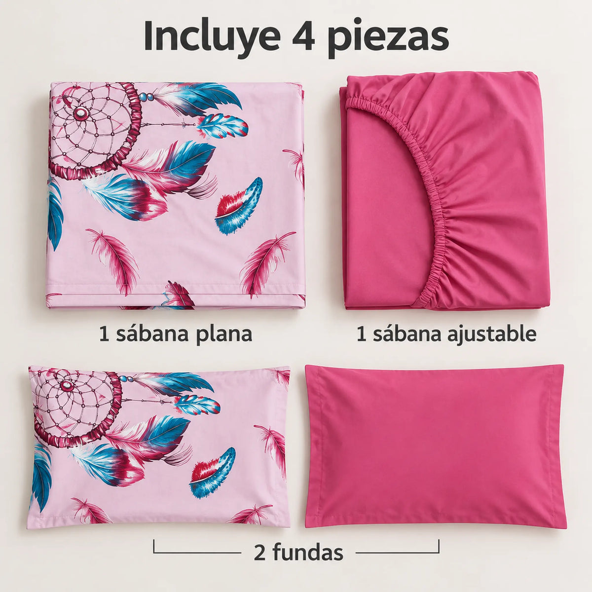 Juego de sábanas 4 piezas estampado con atrapasueños rosa – piezas incluidas: sábana plana, sábana ajustable y 2 fundas