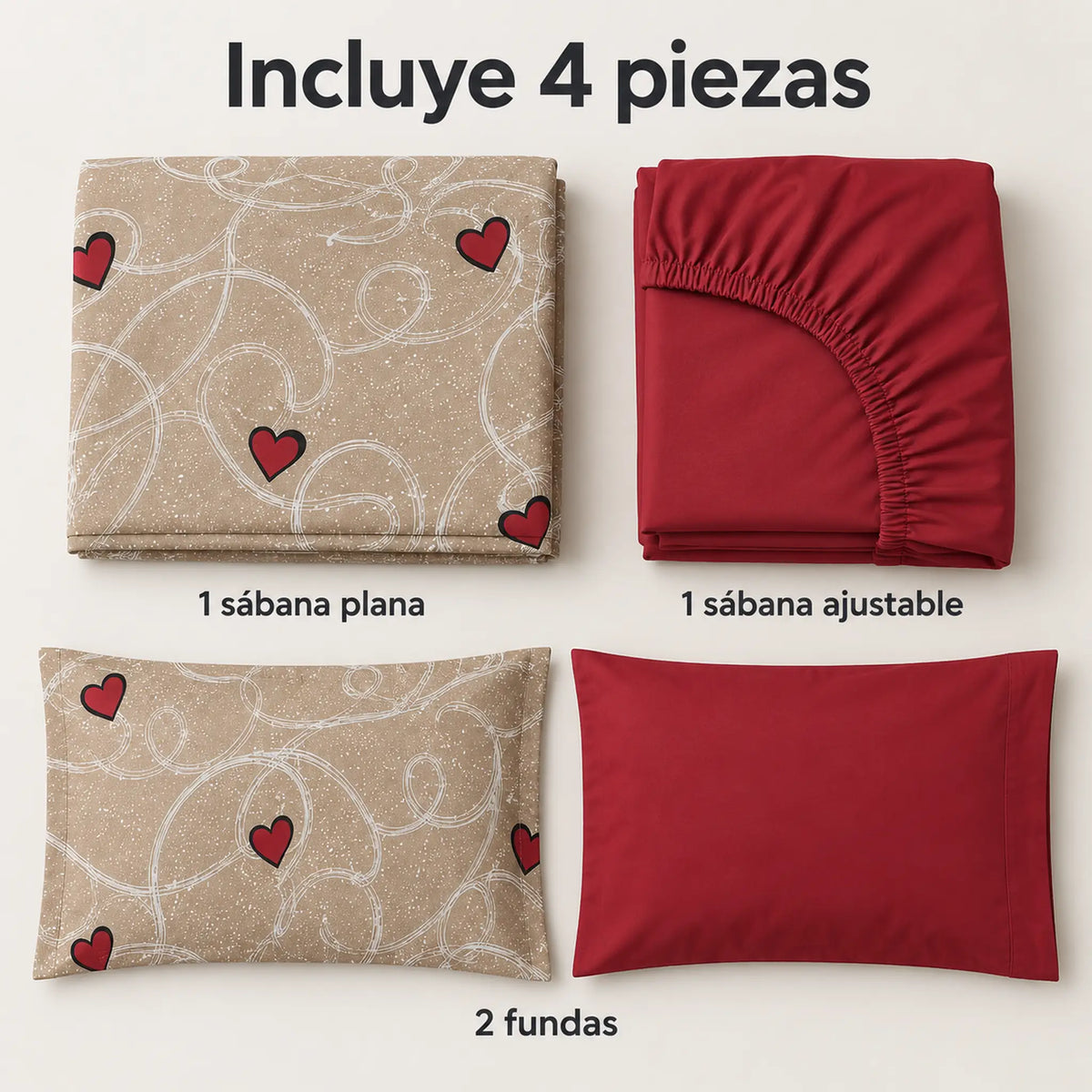 Juego de sábanas 4 piezas estampado beige con corazones – piezas incluidas: sábana plana, sábana ajustable y 2 fundas