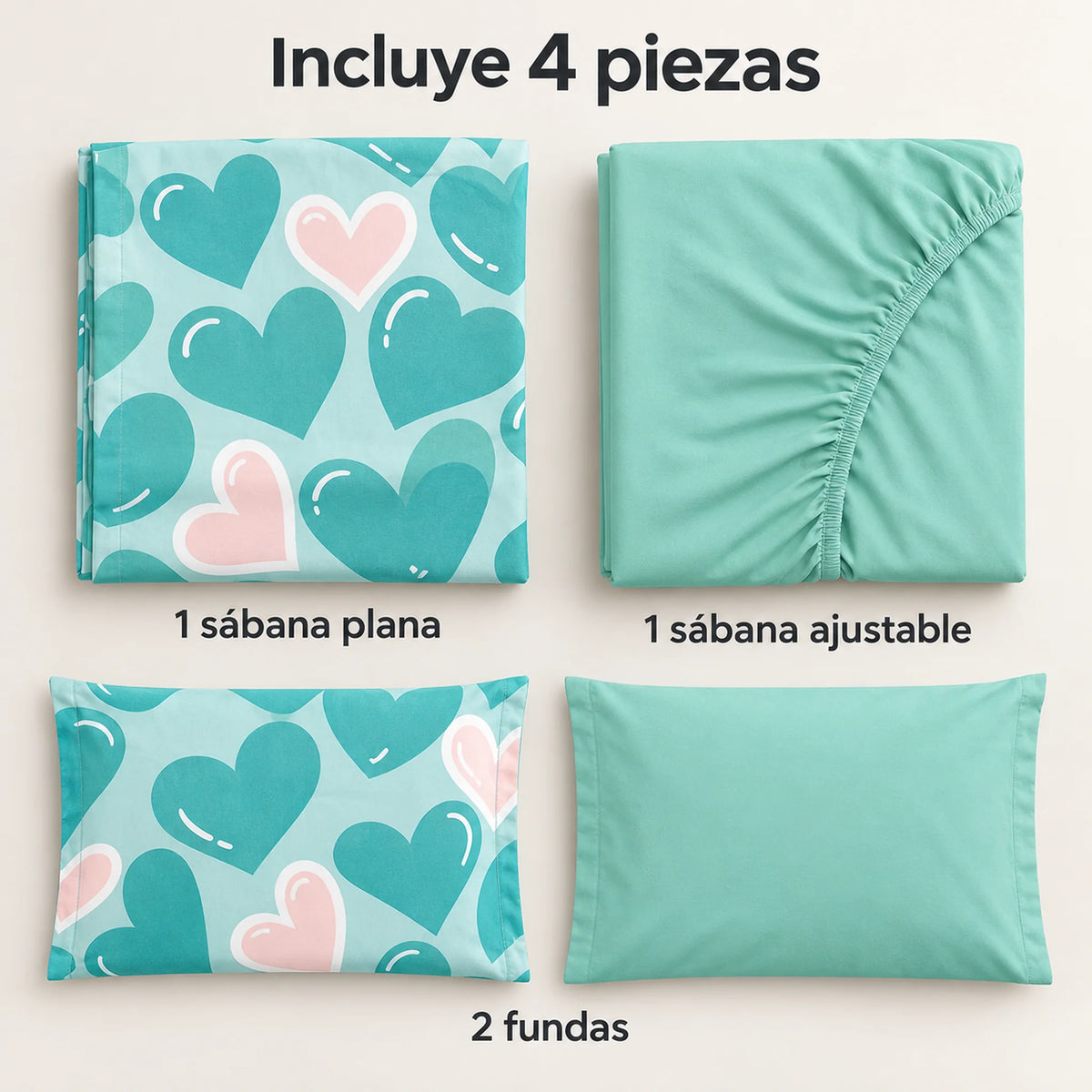 Juego de sábanas 4 piezas estampado verde menta con corazones – piezas incluidas: sábana plana, sábana ajustable y 2 fundas