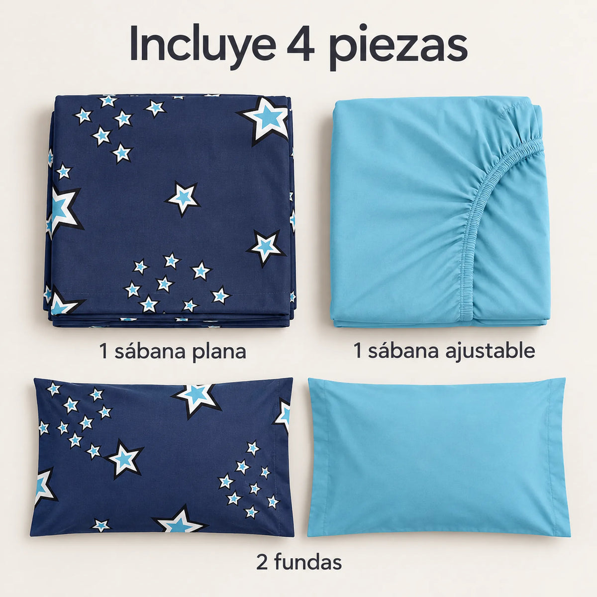 Juego de sábanas 4 piezas estampado azul marino con estrellas – piezas incluidas: sábana plana, sábana ajustable y 2 fundas