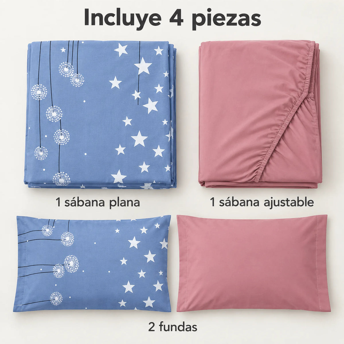 Juego de sábanas 4 piezas estampado azul con estrellas y dientes de león – piezas incluidas: sábana plana, sábana ajustable y 2 fundas