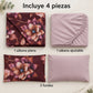 Juego de sábanas 4 piezas estampado color vino con flores – piezas incluidas: sábana plana, sábana ajustable y 2 fundas