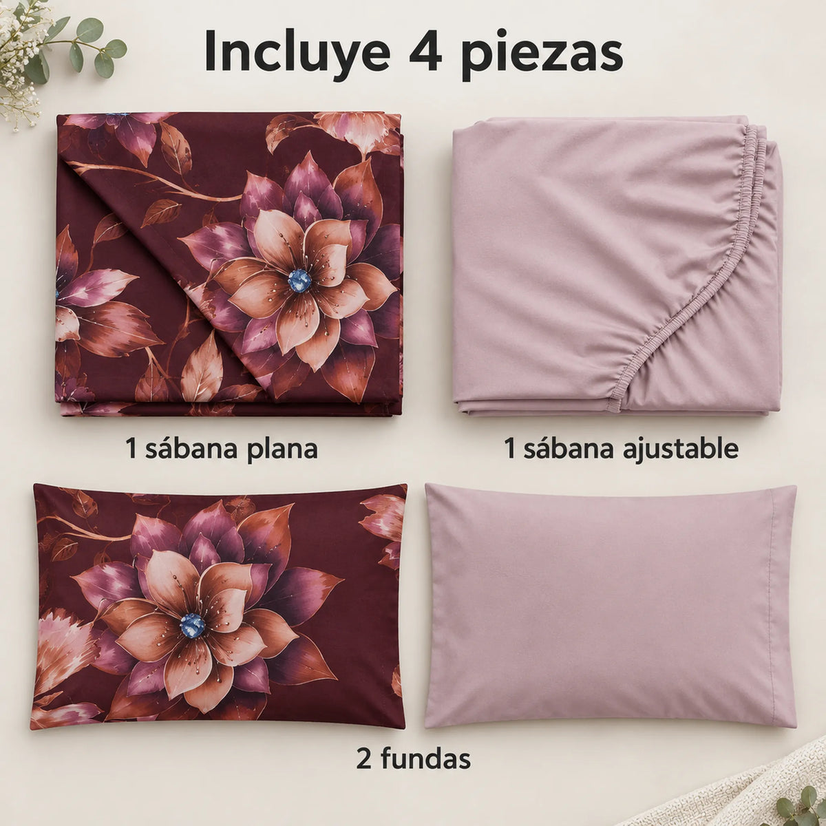 Juego de sábanas 4 piezas estampado color vino con flores – piezas incluidas: sábana plana, sábana ajustable y 2 fundas