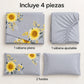 Juego de sábanas 4 piezas estampado gris con girasoles – piezas incluidas: sábana plana, sábana ajustable y 2 fundas