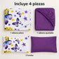 Juego de sábanas 4 piezas estampado morado con mariposas – piezas incluidas: sábana plana, sábana ajustable y 2 fundas