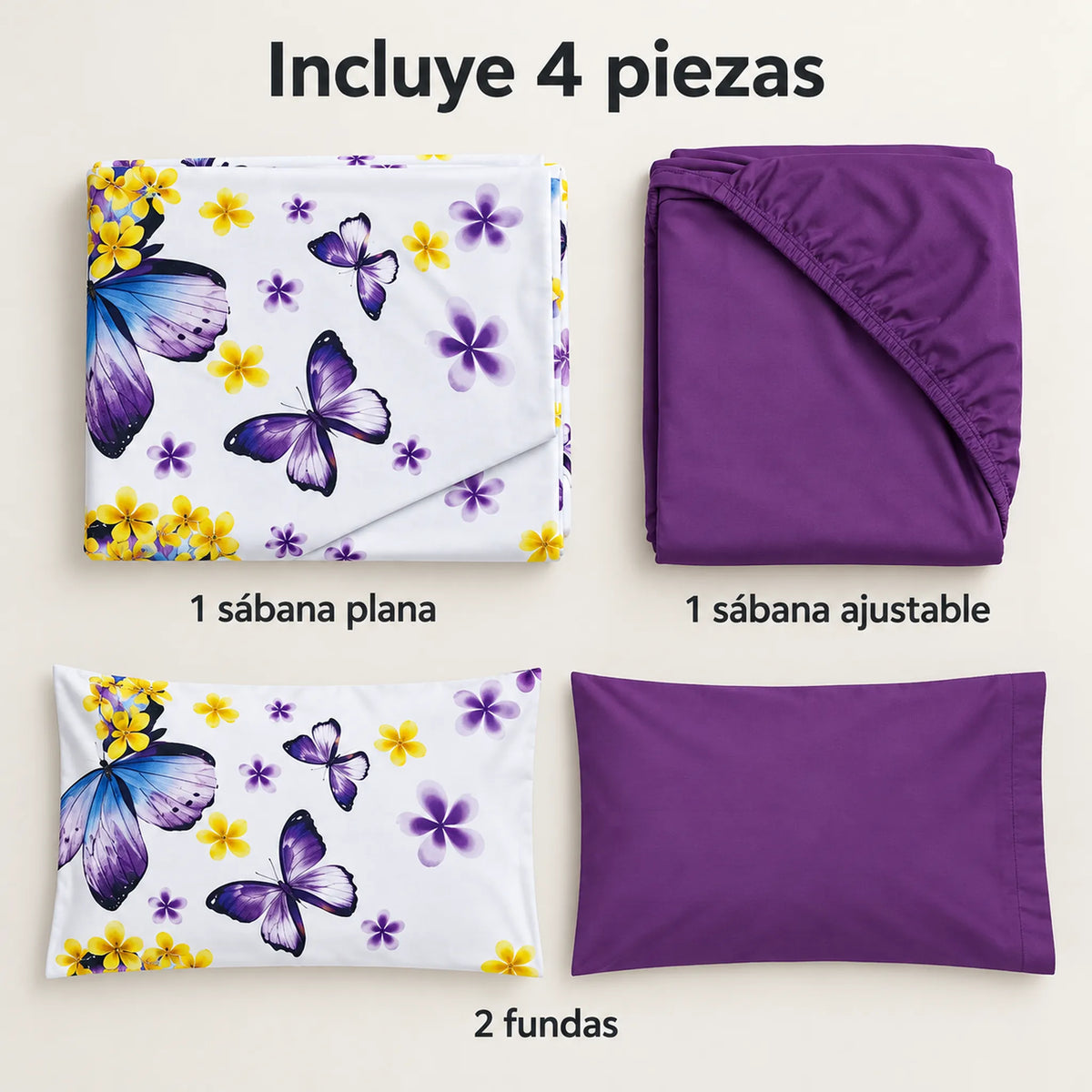 Juego de sábanas 4 piezas estampado morado con mariposas – piezas incluidas: sábana plana, sábana ajustable y 2 fundas