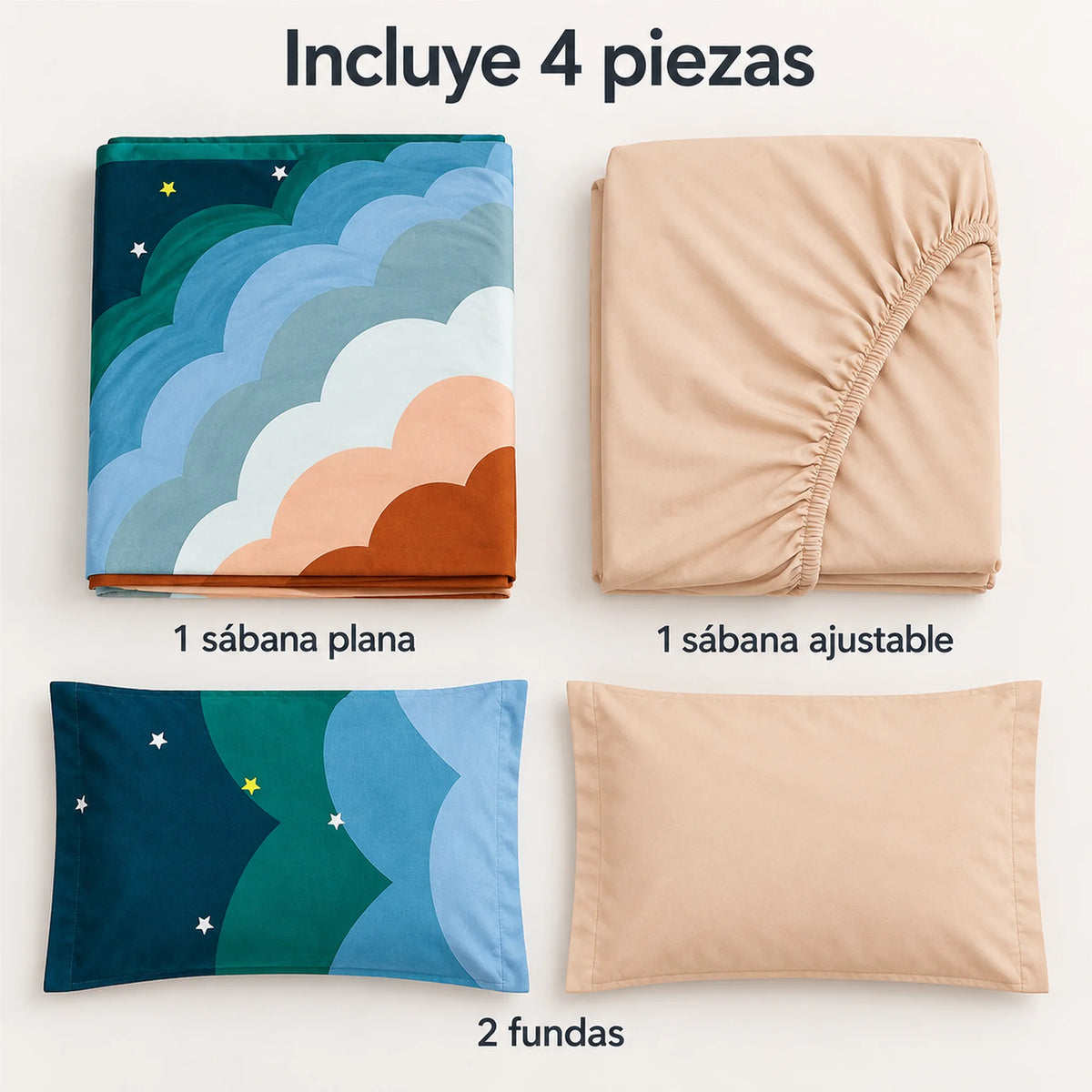 Juego de sábanas 4 piezas estampado con arcoíris de colores – piezas incluidas: sábana plana, sábana ajustable y 2 fundas