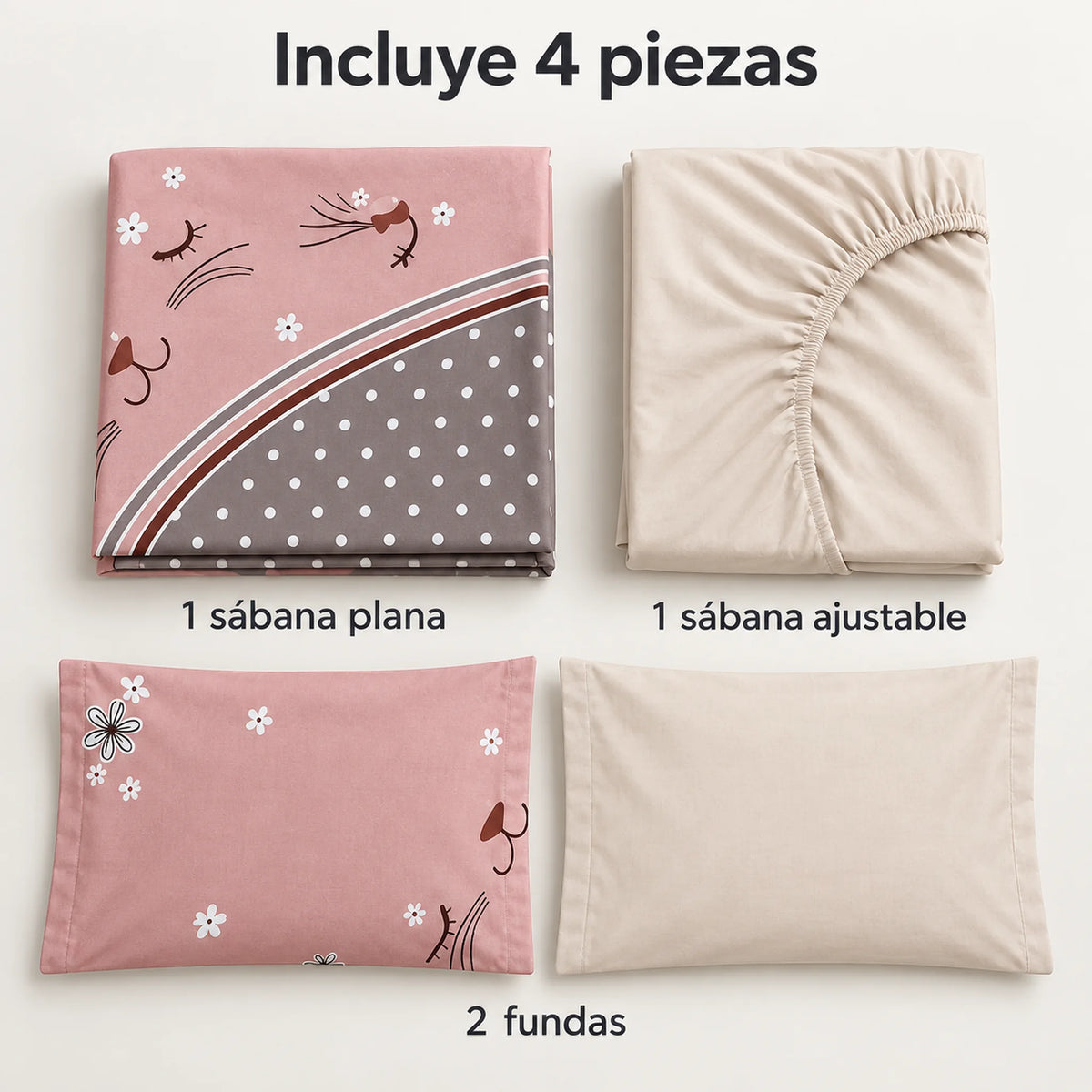 Juego de sábanas 4 piezas estampado rosa con gatito – piezas incluidas: sábana plana, sábana ajustable y 2 fundas