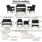 Guía de medidas del juego de terraza 2+1+1: sofá, sillones, mesa y cojines