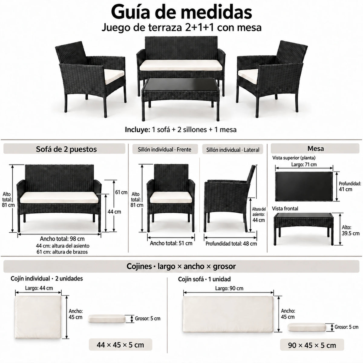 Guía de medidas del juego de terraza 2+1+1: sofá, sillones, mesa y cojines