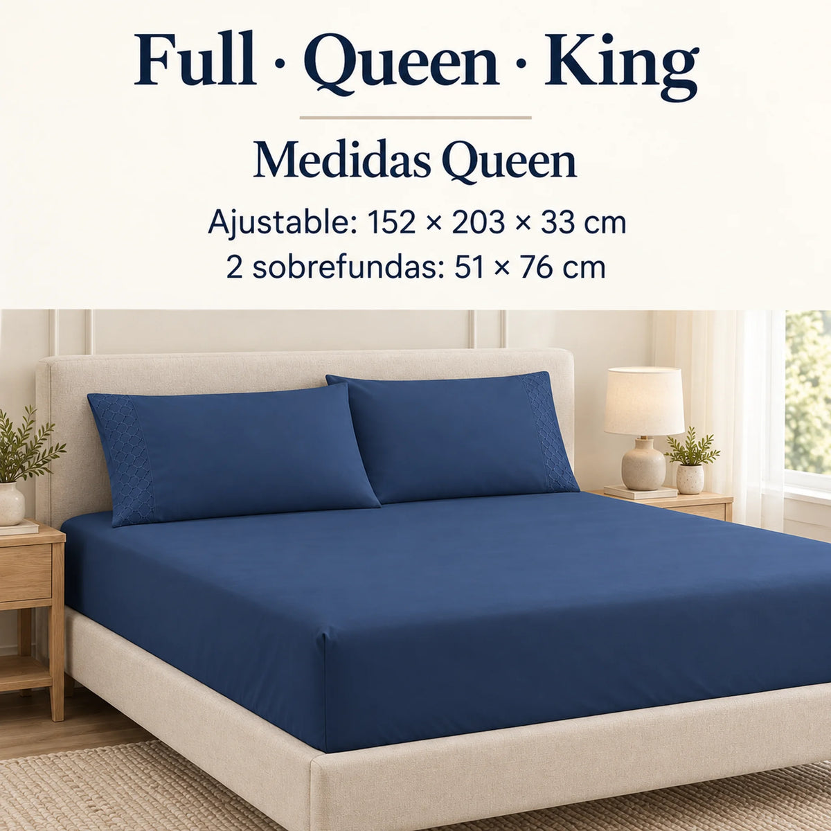 Forro ajustable liso con 2 sobrefundas bordadas, color Azul Navy – medidas tamaño queen