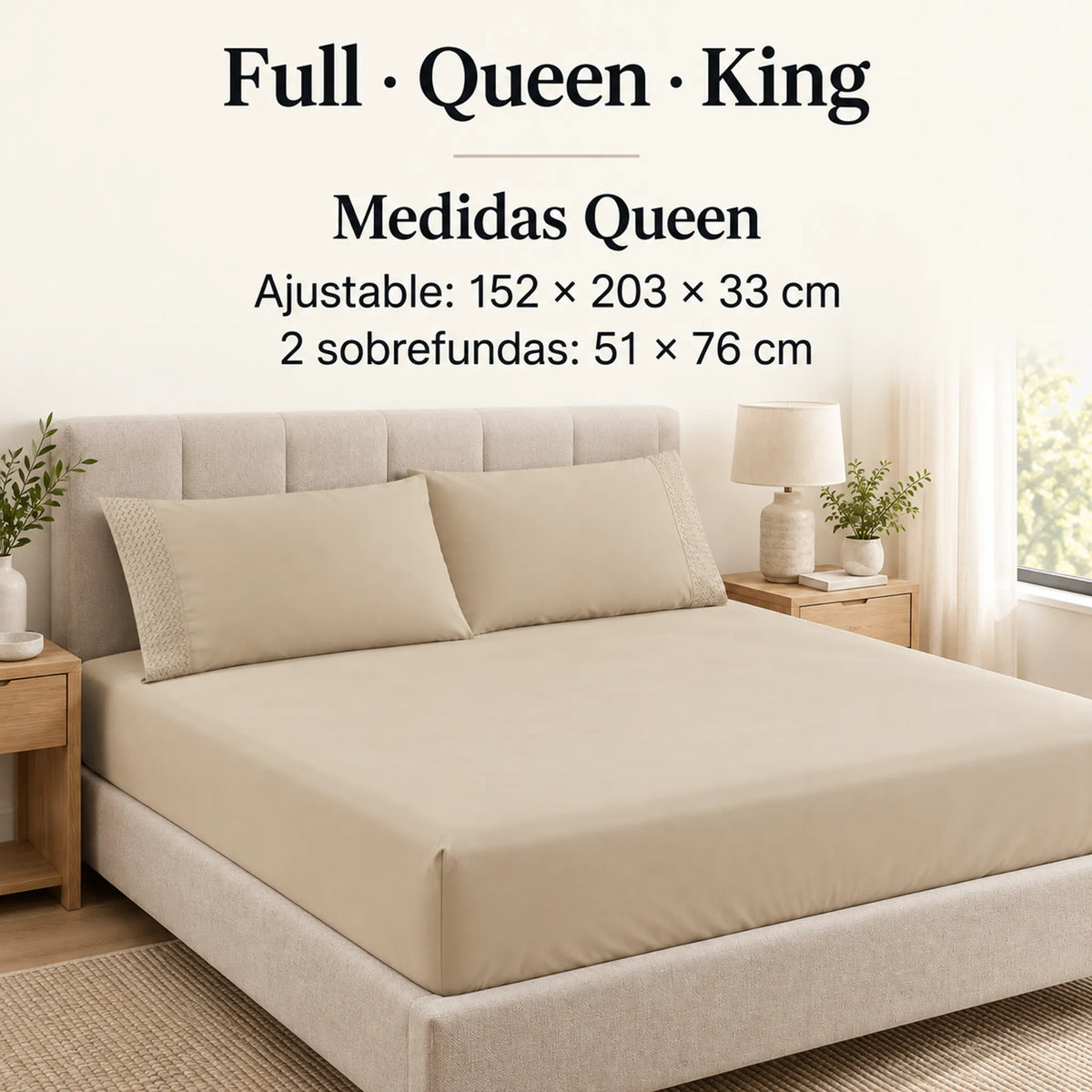 Forro ajustable liso con 2 sobrefundas bordadas, color Beige – medidas tamaño queen