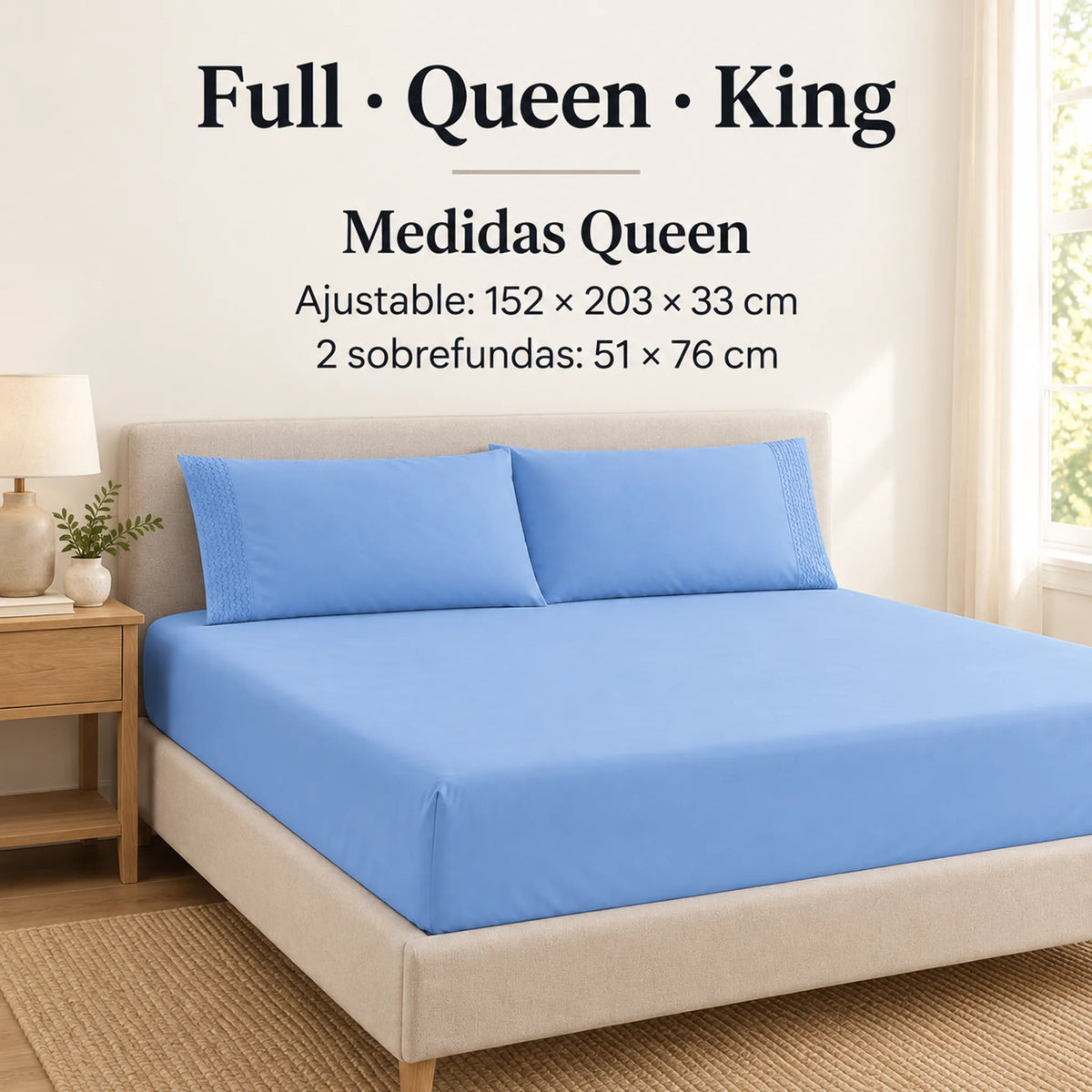 Forro ajustable liso con 2 sobrefundas bordadas, color Celeste – medidas tamaño queen