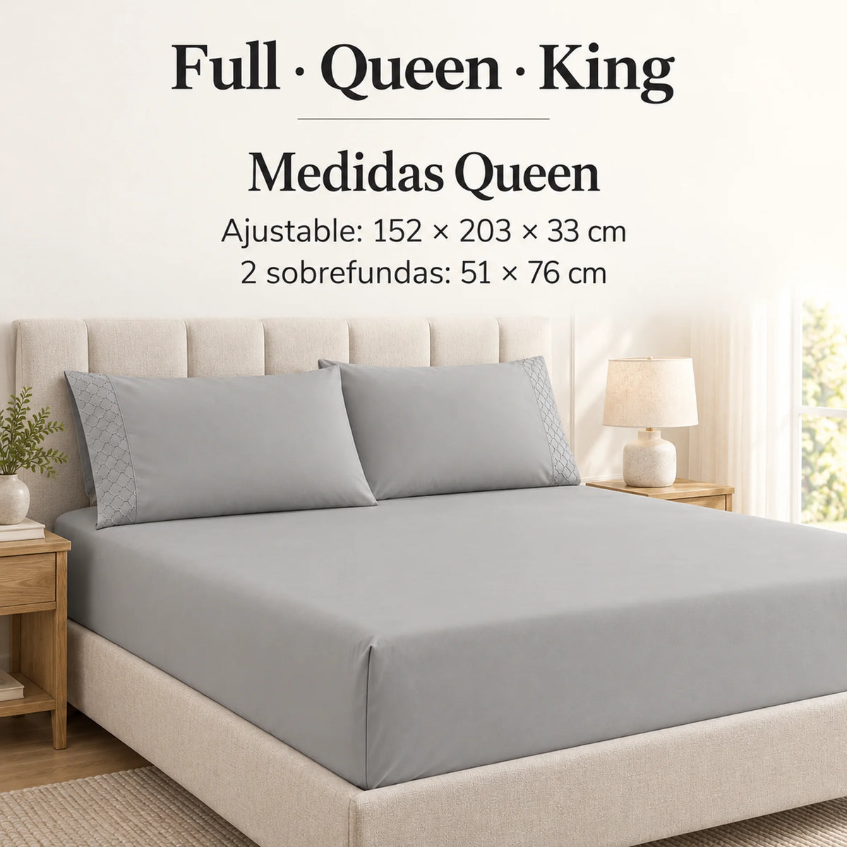 Forro ajustable liso con 2 sobrefundas bordadas, color Gris – medidas tamaño queen