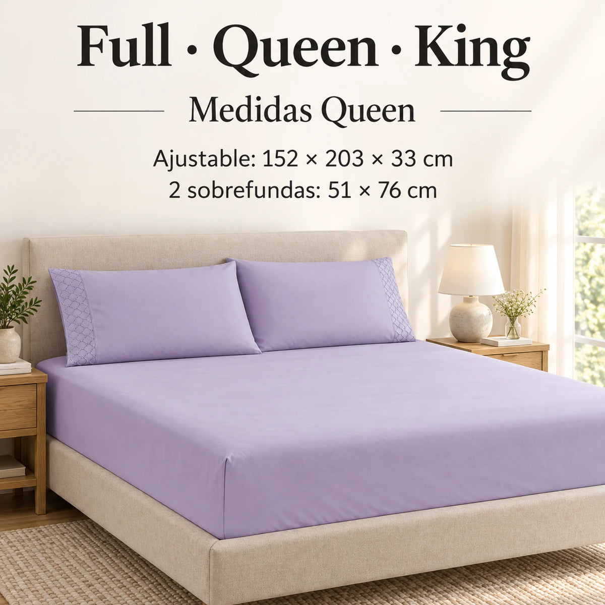 Forro ajustable liso con 2 sobrefundas bordadas, color Lila – medidas tamaño queen
