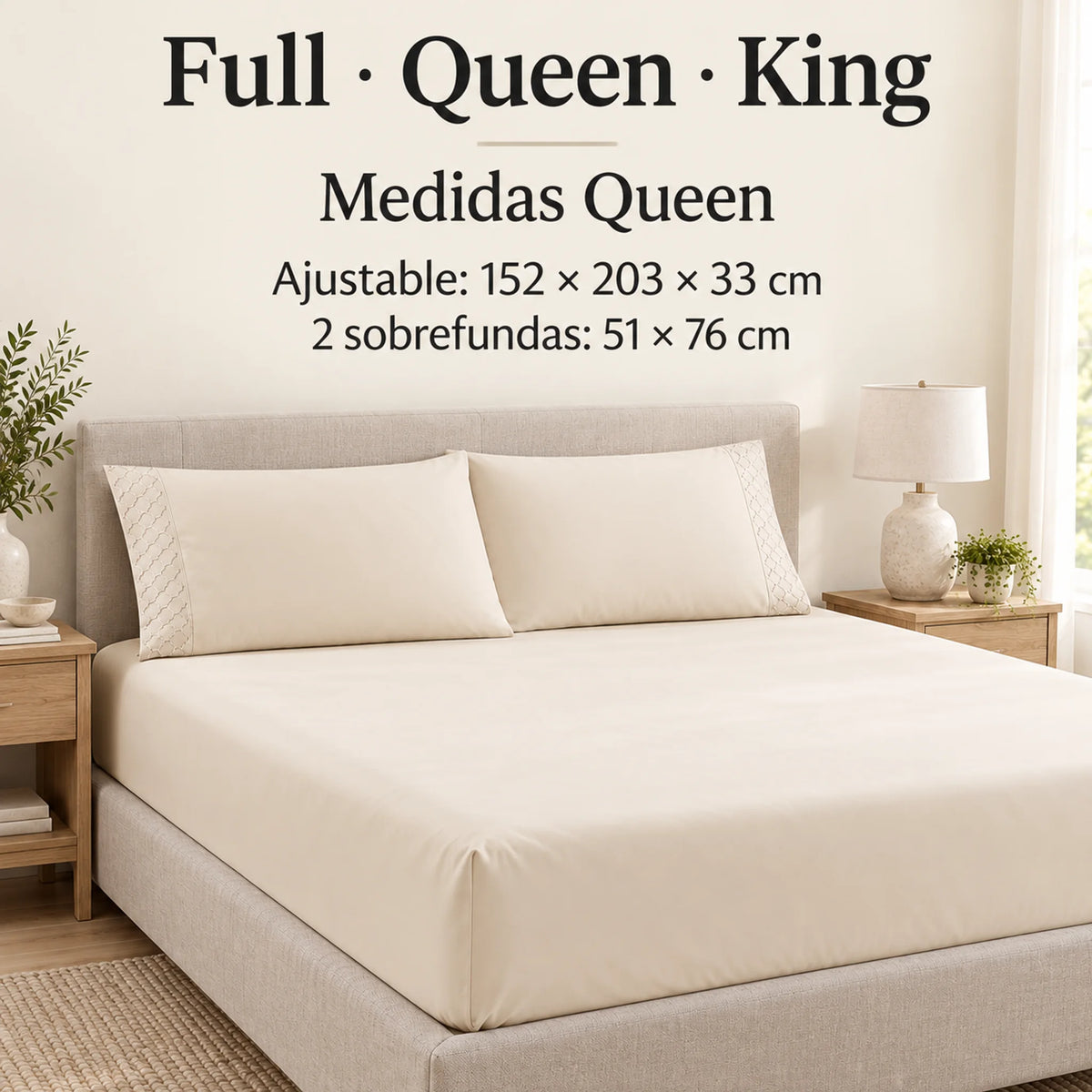 Forro ajustable liso con 2 sobrefundas bordadas, color Marfil – medidas tamaño queen