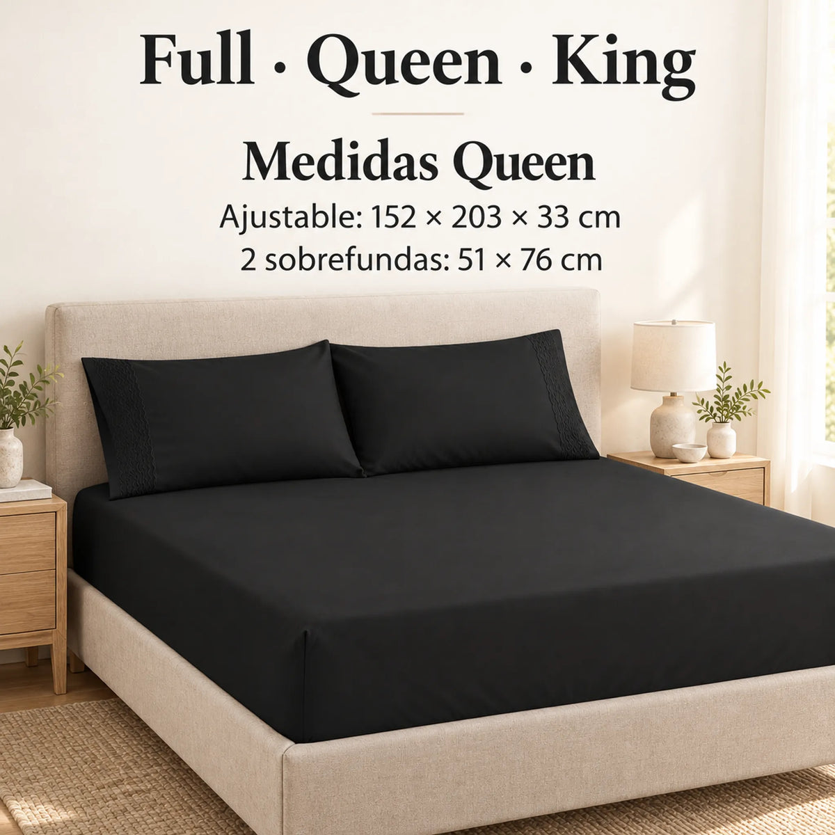 Forro ajustable liso con 2 sobrefundas bordadas, color Negro – medidas tamaño queen