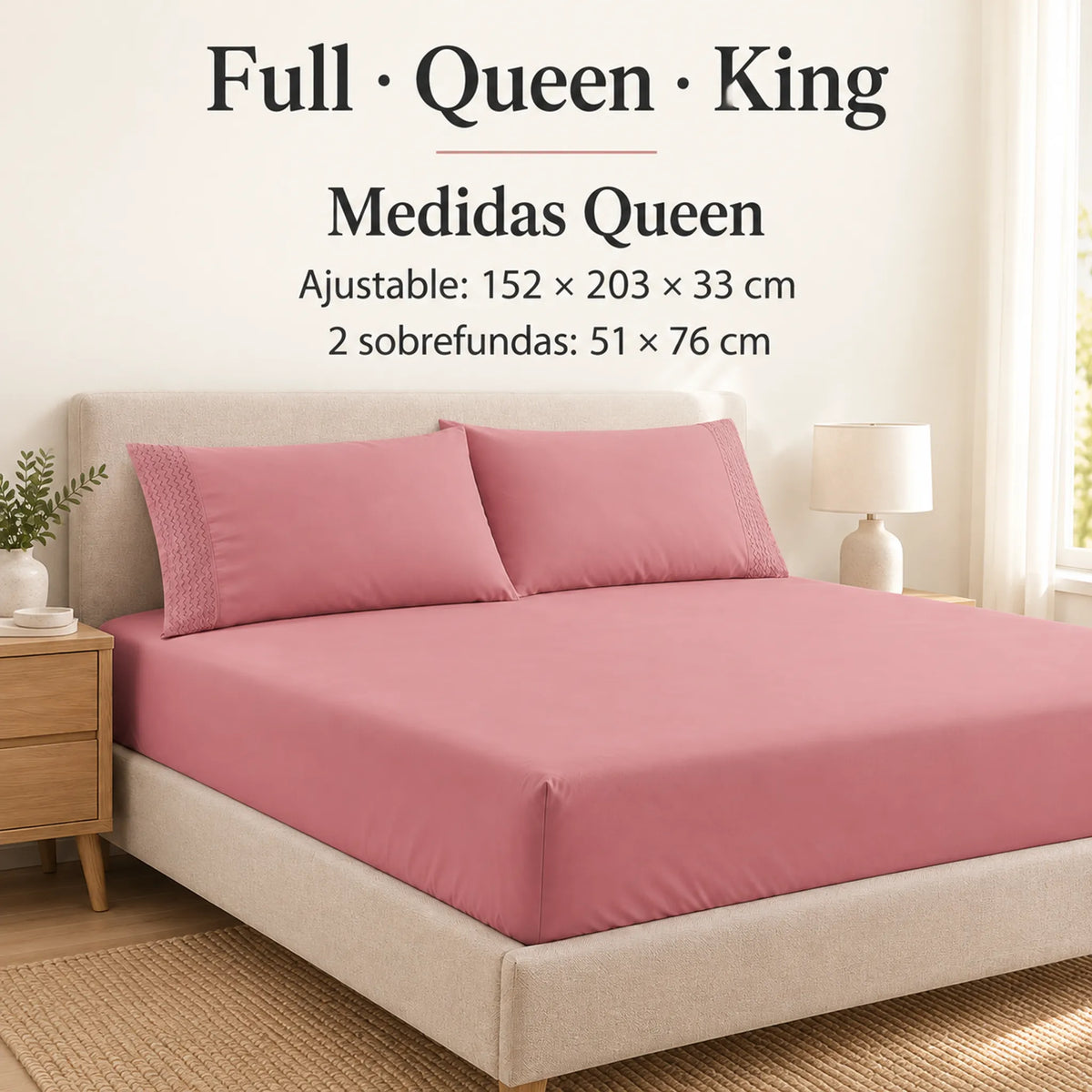 Forro ajustable liso con 2 sobrefundas bordadas, color Rosa Viejo – medidas tamaño queen