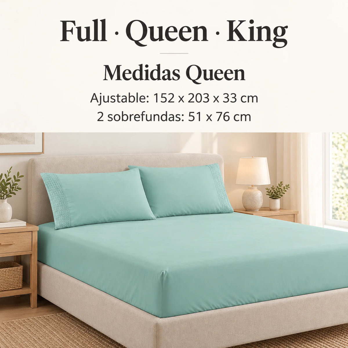 Forro ajustable liso con 2 sobrefundas bordadas, color Verde Menta – medidas tamaño queen