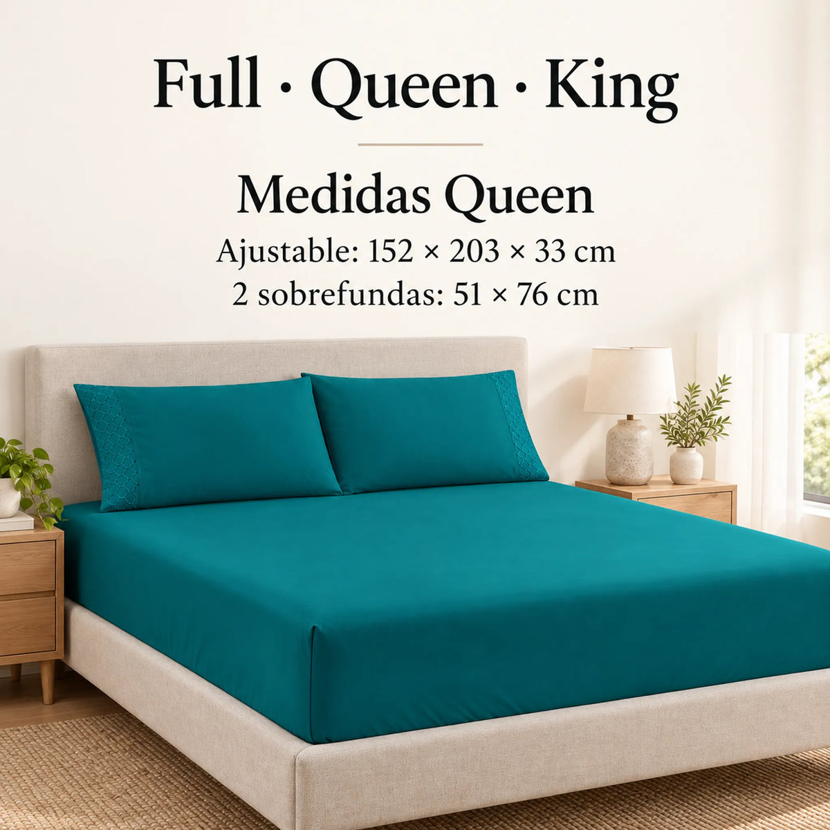 Forro ajustable liso con 2 sobrefundas bordadas, color Verde Petróleo – medidas tamaño queen