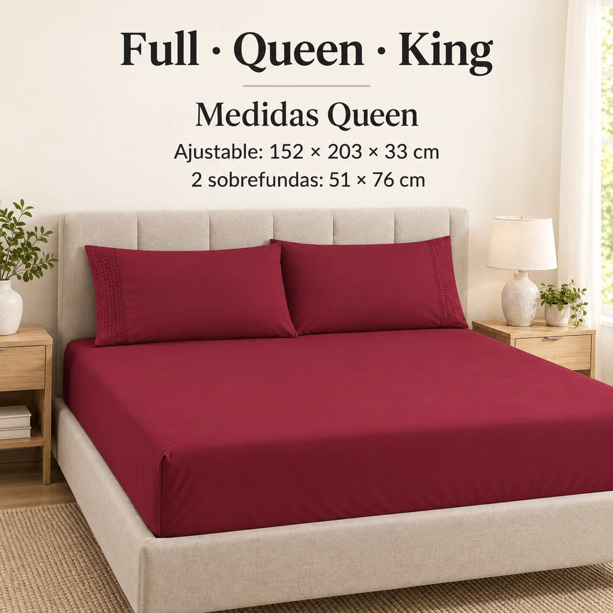 Forro ajustable liso con 2 sobrefundas bordadas, color Vino – medidas tamaño queen