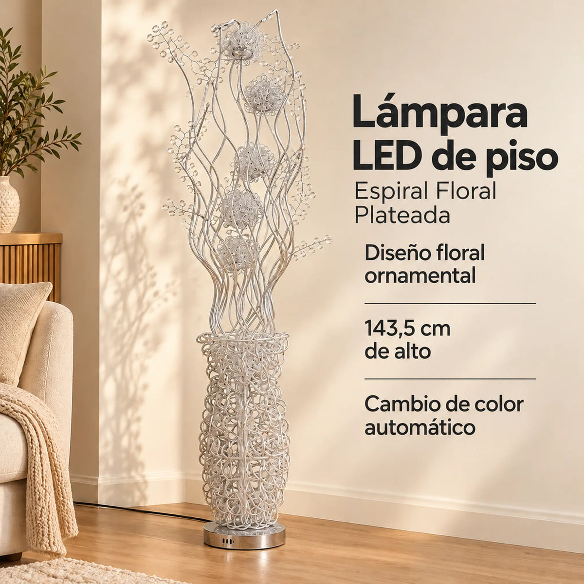 Lámpara de piso LED floral, diseño Espiral Floral Plateada – resumen de características