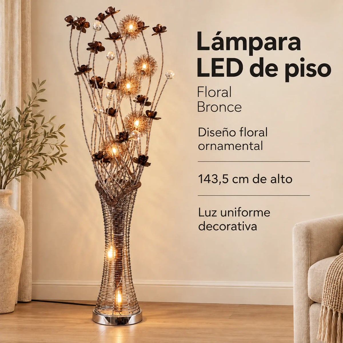 Lámpara de piso LED floral, diseño Floral Bronce – resumen de características