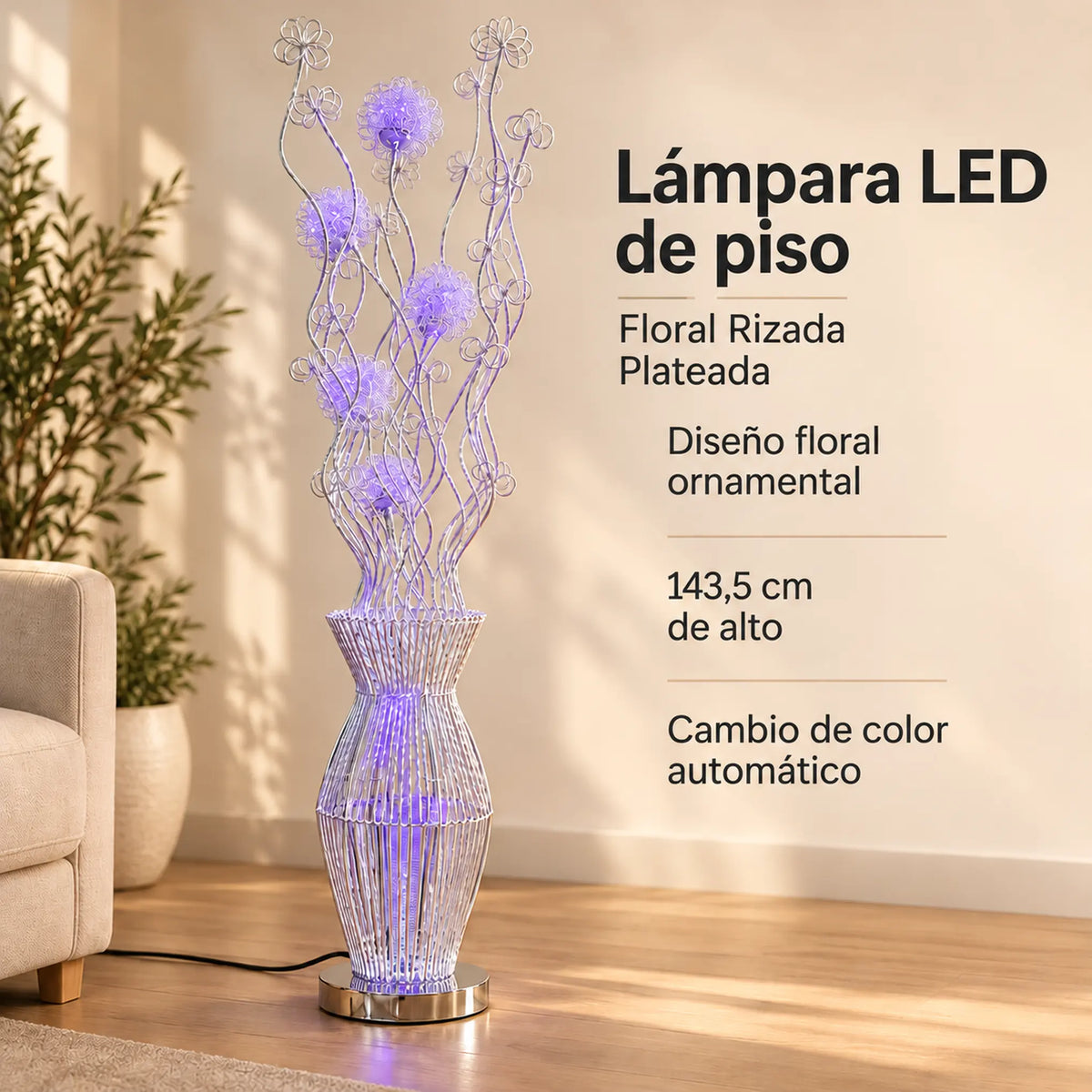 Lámpara de piso LED floral, diseño Floral Rizada Plateada – resumen de características