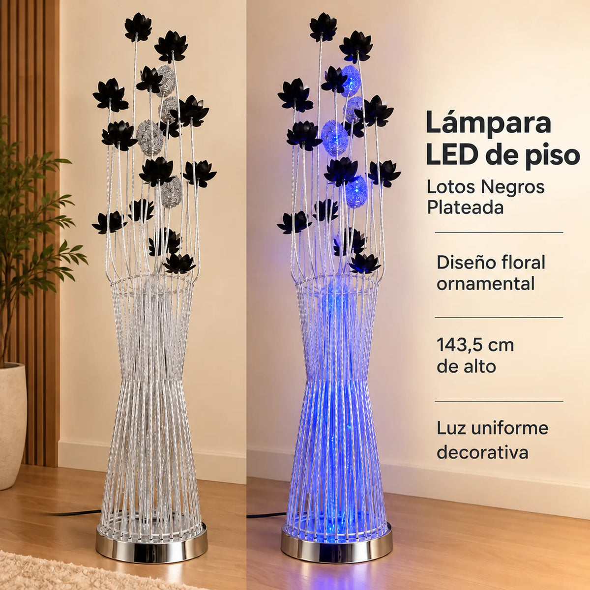Lámpara de piso LED floral, diseño Lotos Negros Plateada – resumen de características