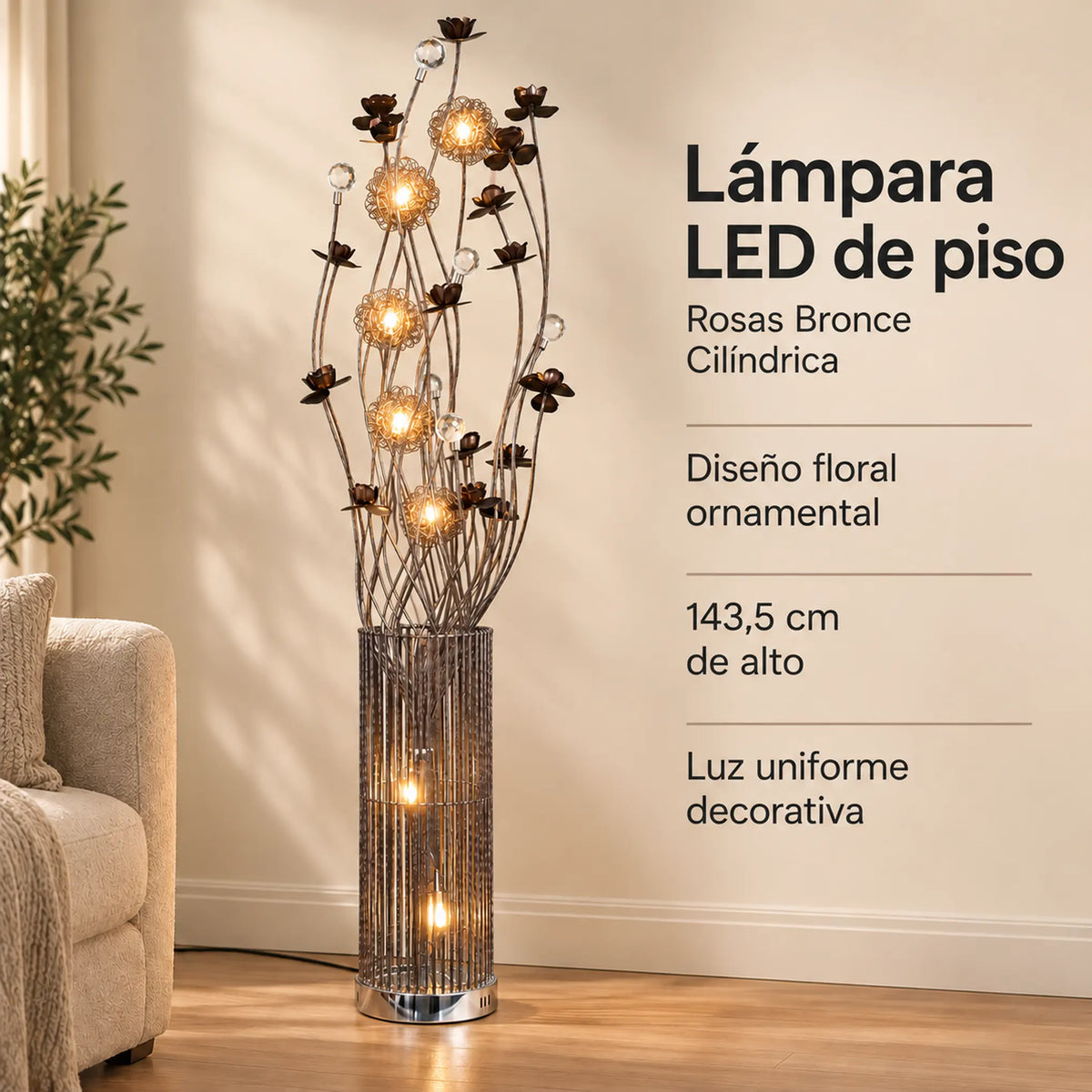 Lámpara de piso LED floral, diseño Rosas Bronce Cilíndrica – resumen de características