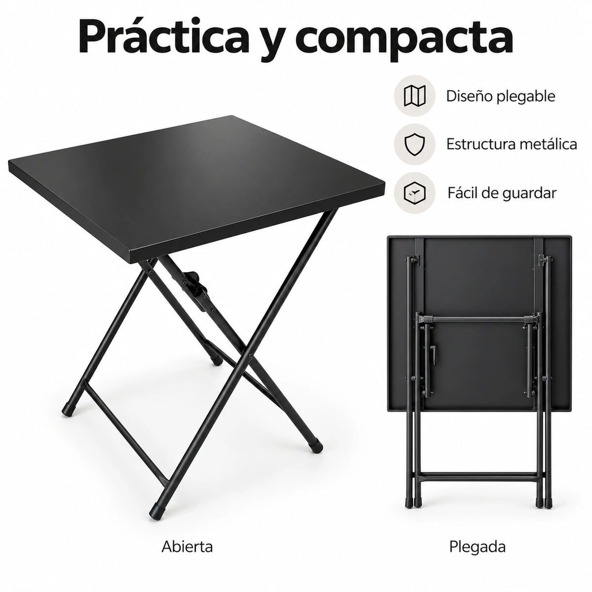 Mesa plegable negra abierta y plegada: diseño práctico y compacto