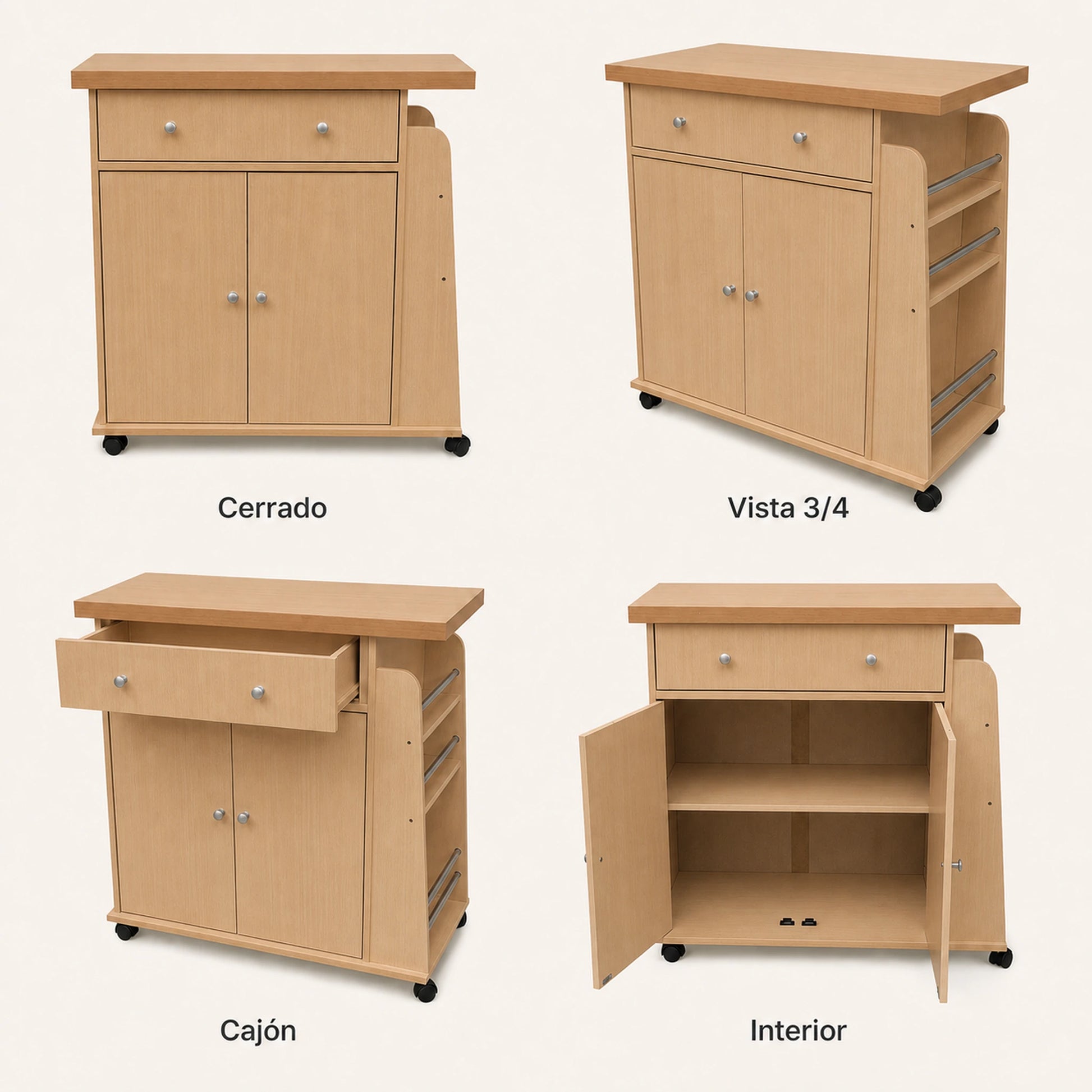 Vistas del carrito auxiliar de cocina Madera Beige: cerrado, en ángulo, con el cajón abierto y el interior del gabinete