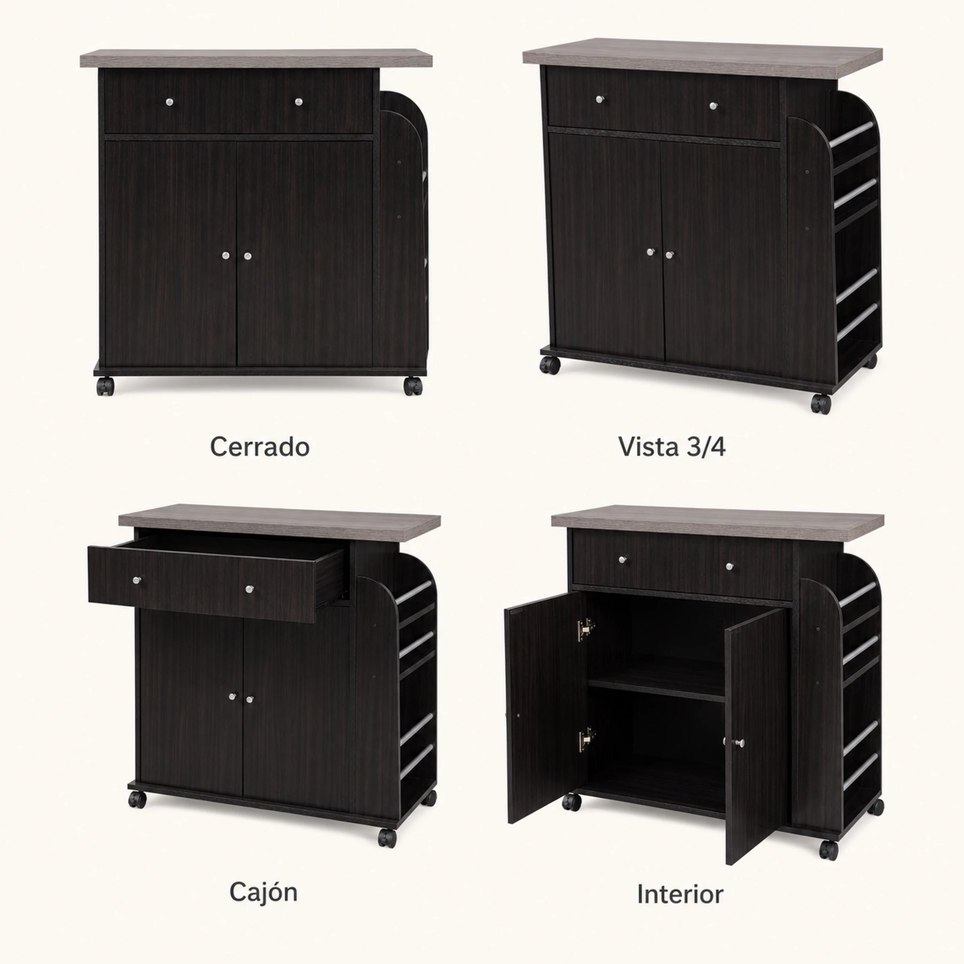 Vistas del carrito auxiliar de cocina Café Oscuro / Gris Ceniza: cerrado, en ángulo, con el cajón abierto y el interior del gabinete