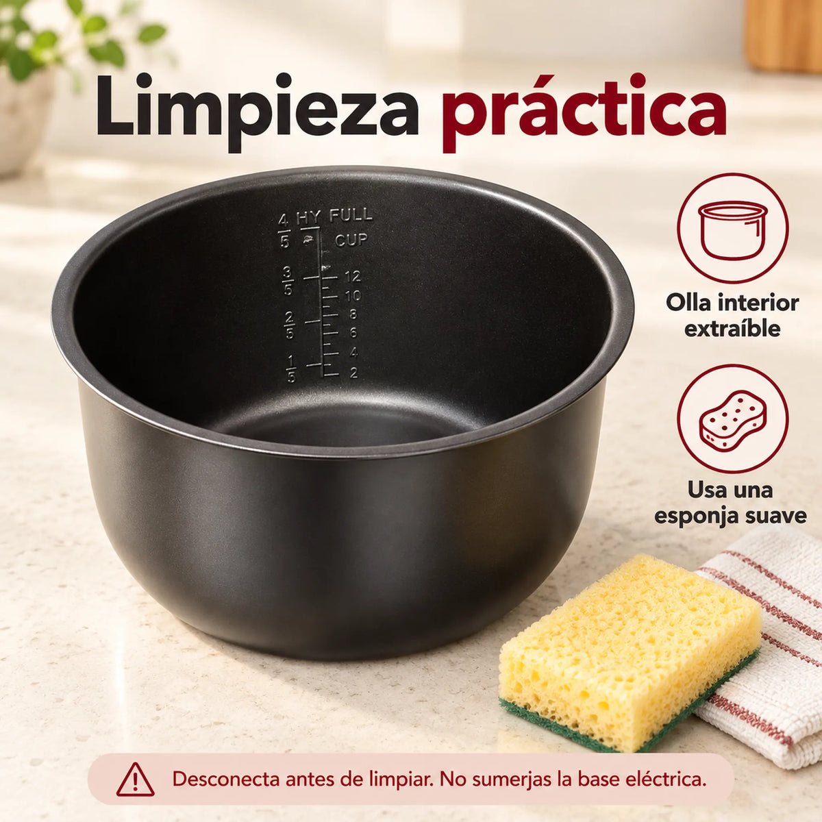 Olla de presión eléctrica multifuncional 6 en 1 de 6 litros – limpieza de la olla interior