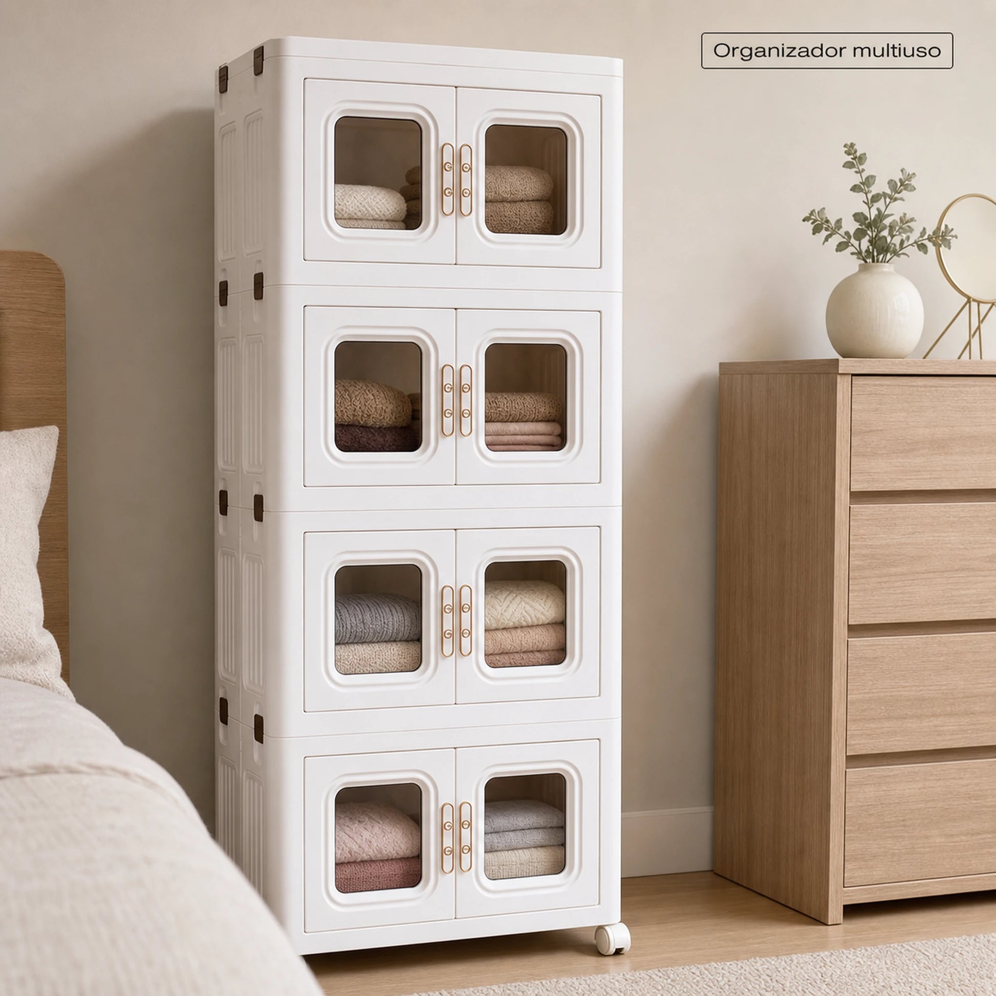 Organizador modular de plástico de 4 niveles en uso dentro de un dormitorio