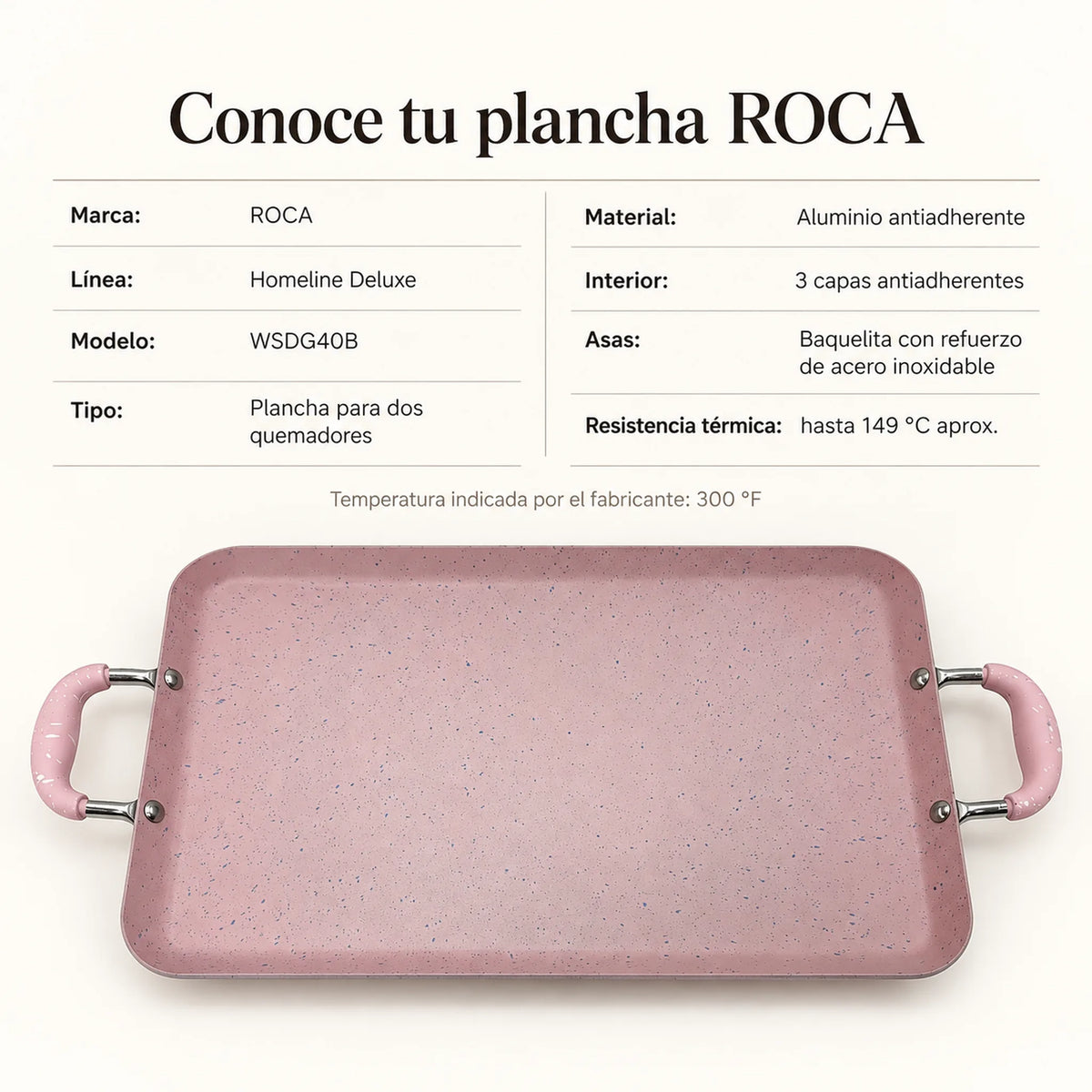 Especificaciones técnicas de la plancha doble ROCA, color Rosa Marmoleado