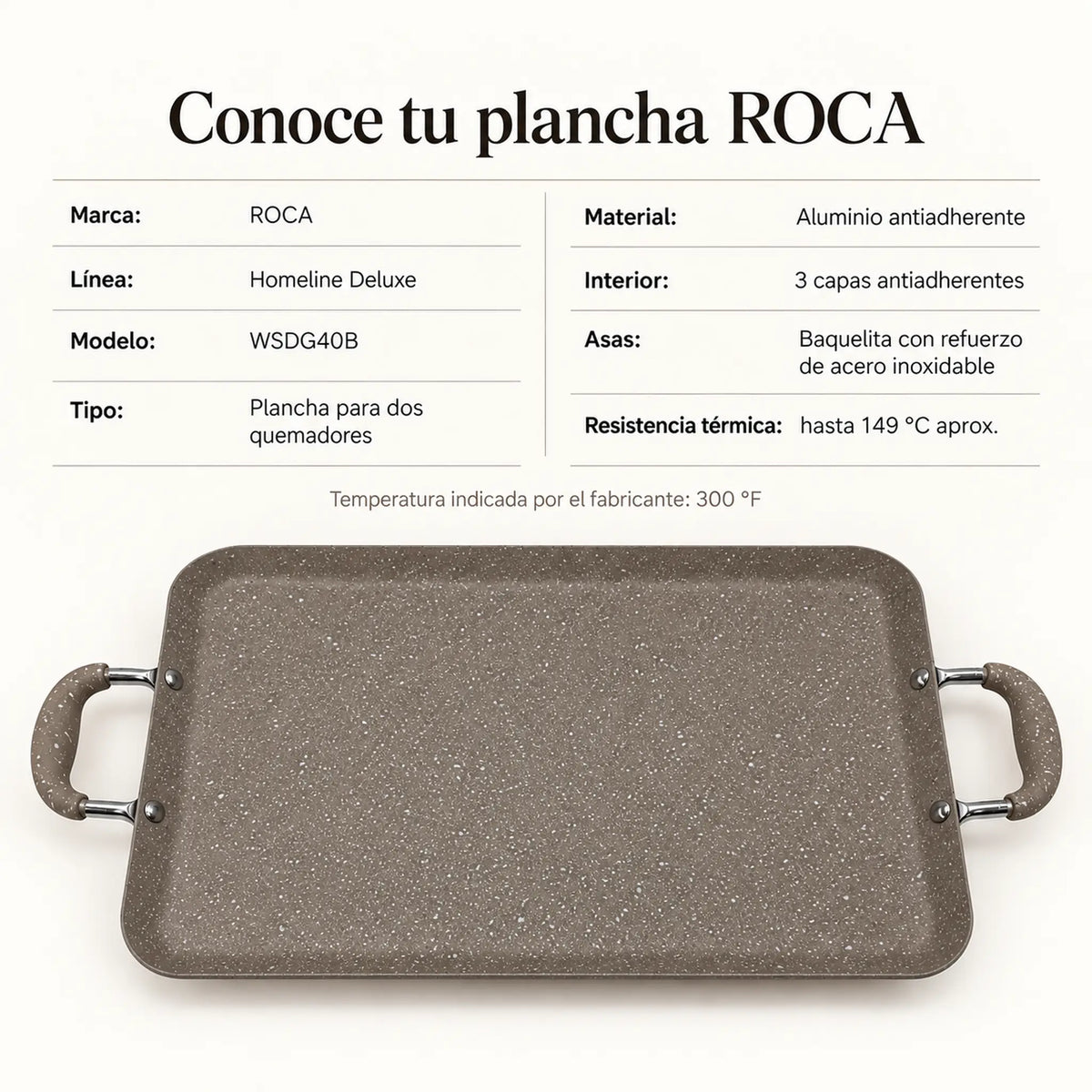 Especificaciones técnicas de la plancha doble ROCA, color Taupe Marmoleado