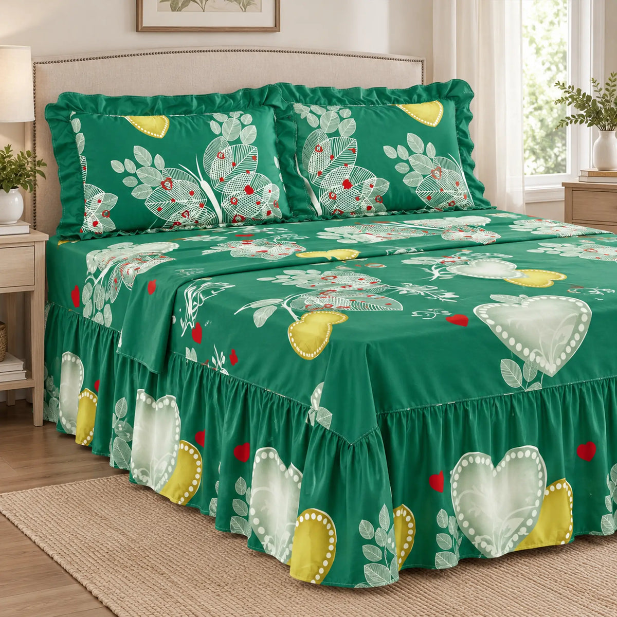 Juego de sábanas con vuelo 4 piezas, diseño Corazones Verde Esmeralda – fundas con olán