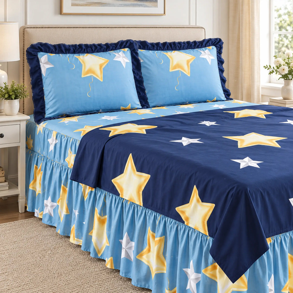 Juego de sábanas con vuelo 4 piezas, diseño Estrellas Doradas Azul – fundas con olán